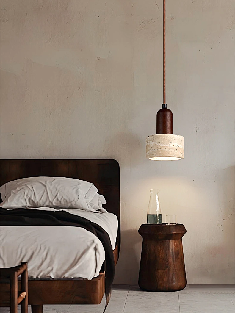 Natural Travertine Pendant Light Modern Wabi Sabi Stone Hanging Lamp Minimalist Dining Room Chandelier Wooden Accent Lighting