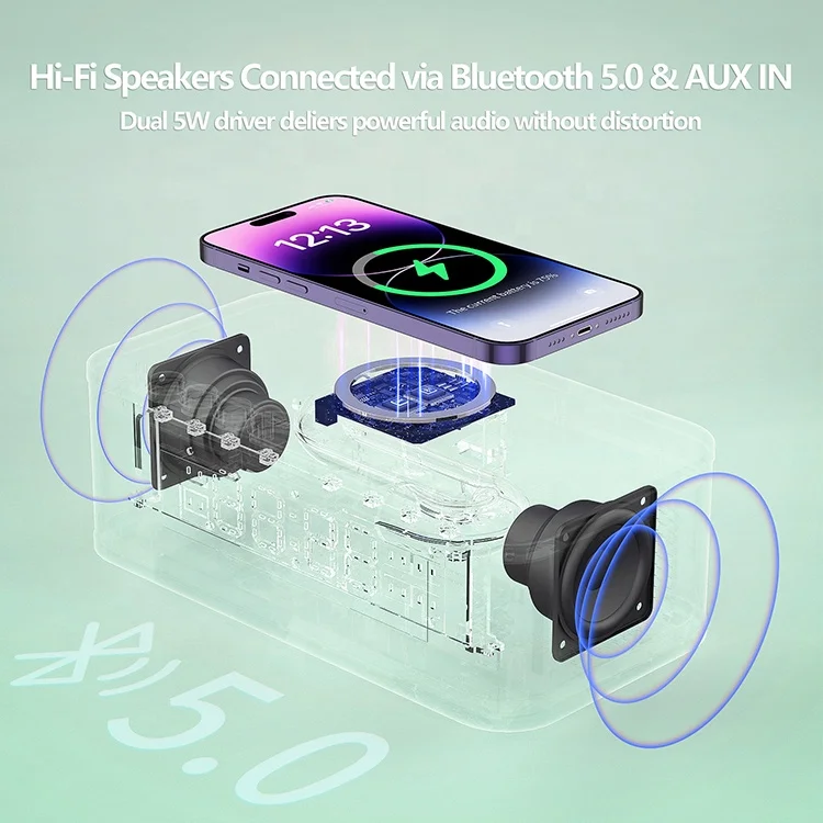 FANSBE Multifunction Dual Clock Radio Bluetooth Wireless Charger Alarm Clock Speaker for Mobile Phone