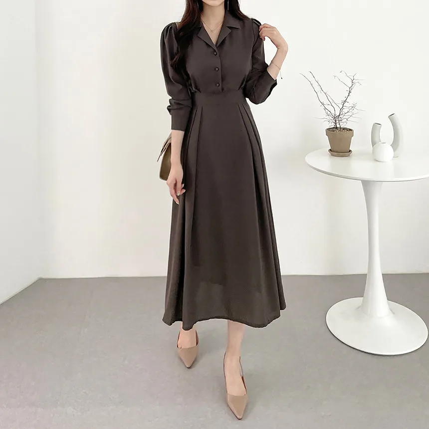 New Fashion Lady Korean Style One Piece Dress Long Sleeve Single Breasted Shirt Dress Women