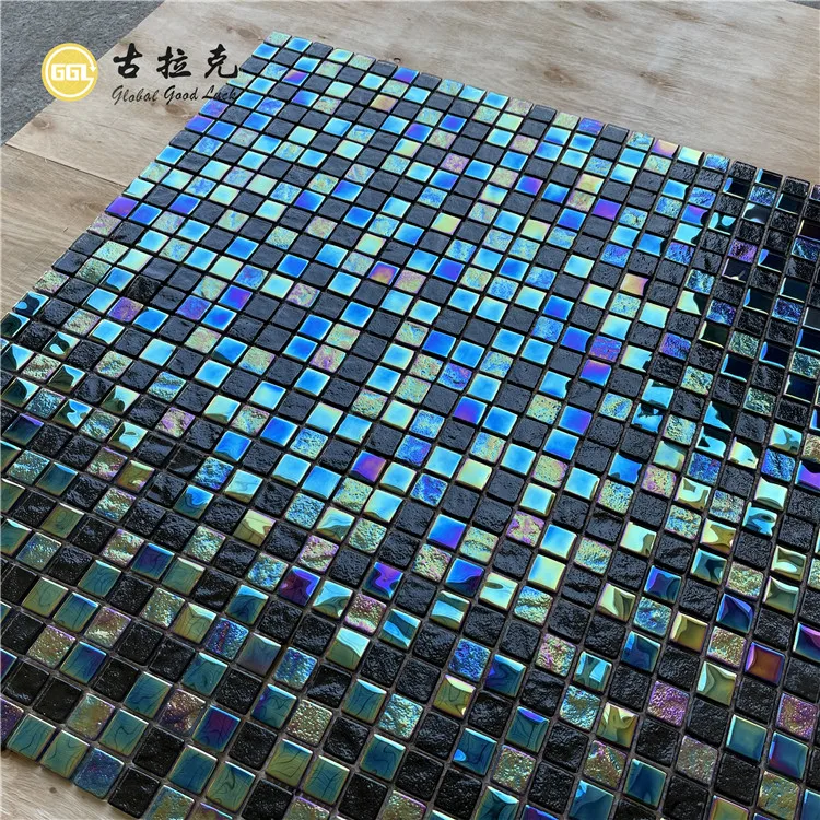 Cheap wholesale green white pink blue iridescent crystal glass swimming pool mosaic tile use for Bathroom outdoor floor and wall