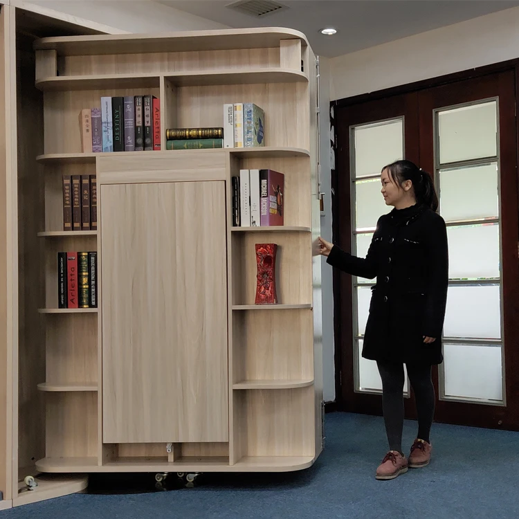 Vertical Rotating Bed With Cabinet Bookcase  for Single Apartment Sitting Room Bed Room Bachelor Pad Murphy Bed