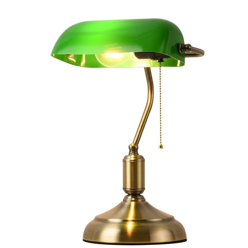 Retro Bar Table Antique Classic Power Tiffany Green Glass Shade Metal Banker Lamp