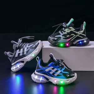 Spring Summer New Kids Breathable Luminous Sports Shoes for Boys and Girls  LED Light Letter Children Casual Sneakers