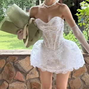 Vietnam Fashion Floral Lace White Dress 2026 New Elegant Fishbone Tight Mini Party Dress