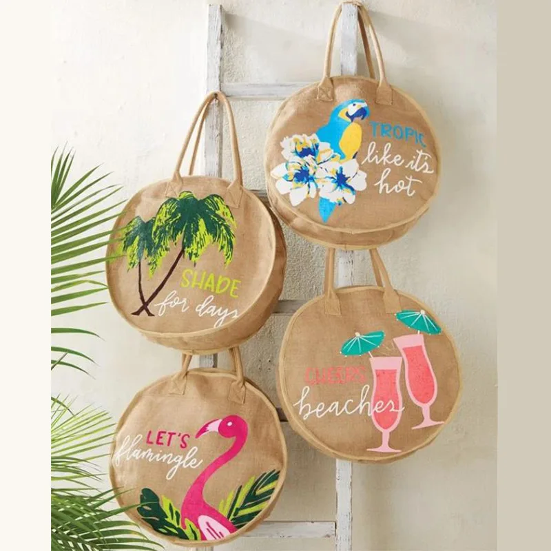 Color printing tropical jute round cake portable beach bag fashion summer shopping bag factory direct sales custom pattern logo