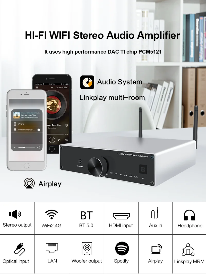 Cl250w(a31) Hifi Wifi Stereo Audio Amplifier With Wifi2.4g/bt 5.0