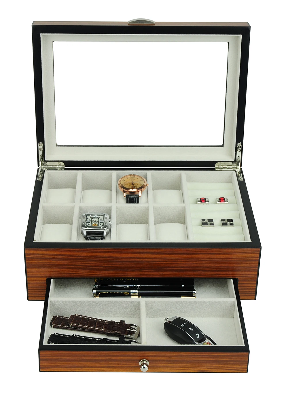 Customization Matte Wooden Watch Jewelry Box with a Drawer and Glass Window Hold Rings Cufflinks Keys Pen for Man and Woman