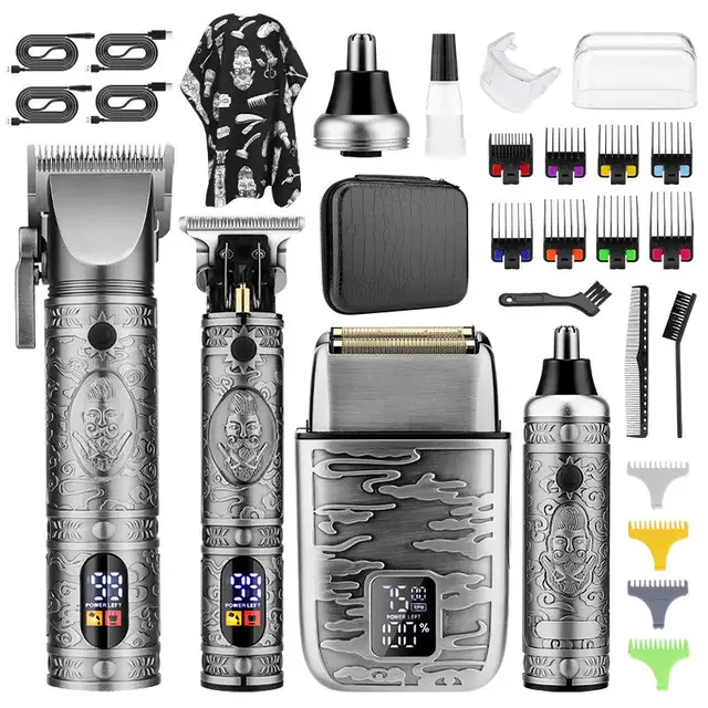 Professional 4 In 1 Electric Hair Clipper Trimmer Set for Men All Metal Body Nose Hair Trimming Grooming Kit