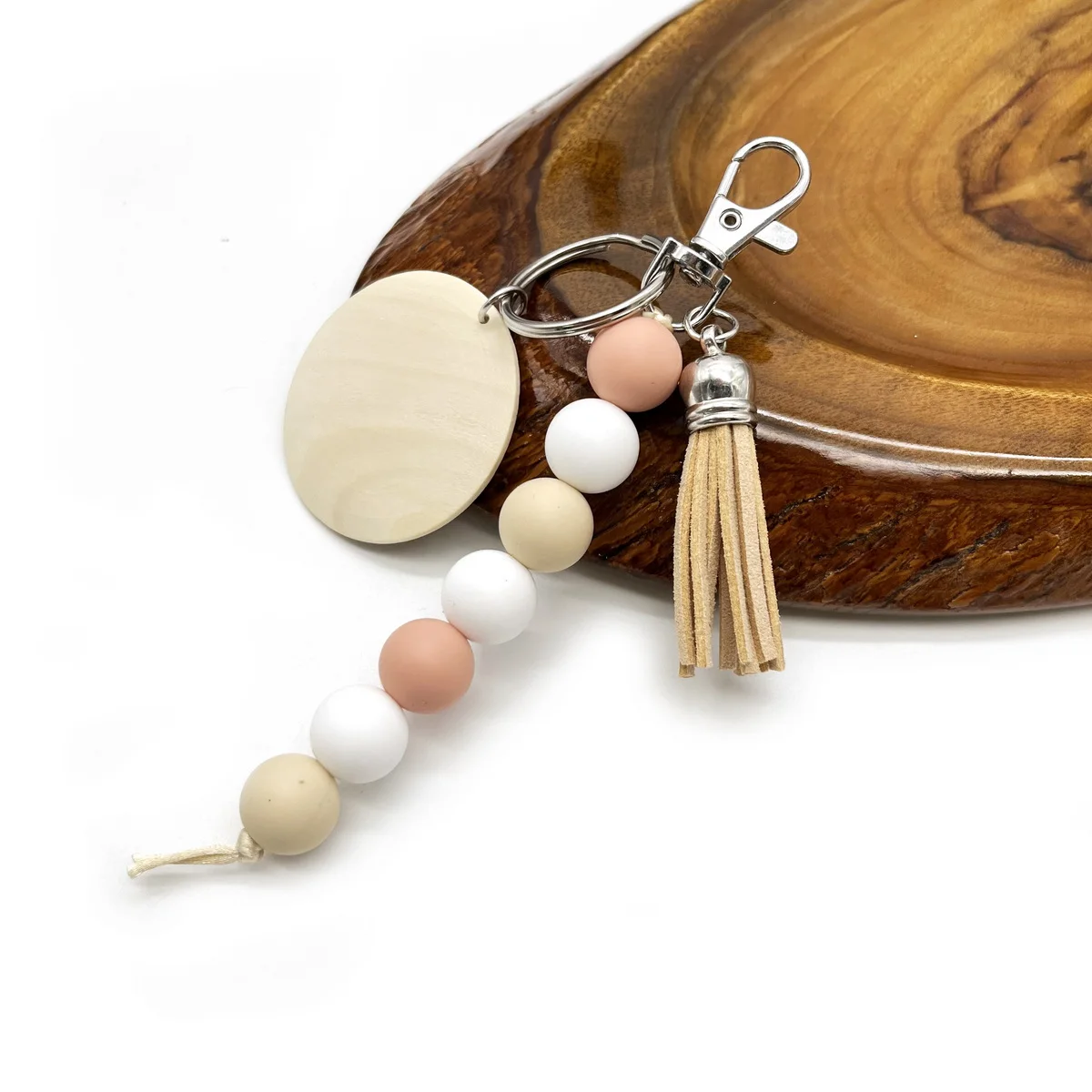 Wholesale Personalized Custom Blank Wood Disc Tassel Silicone Bead