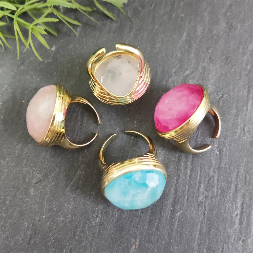 Latest Design Natural Gemstone Jewelry 18k Gold Plated Adjustable Single Stone Ring Big Round Rose Quartz Crystal Women Rings
