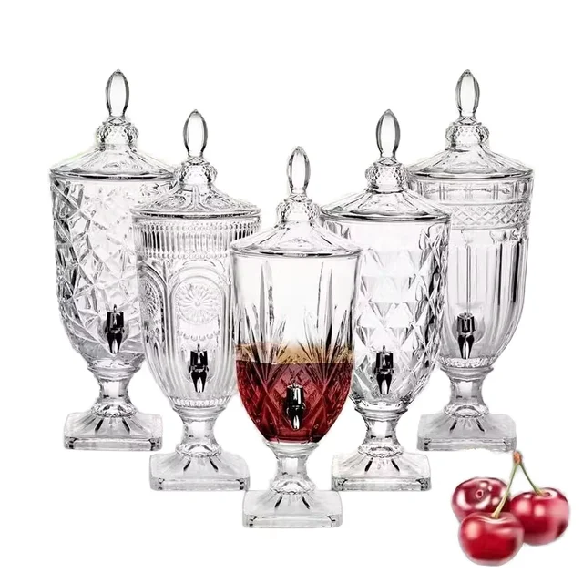 Modern Design Large Capacity Juice Jar Transparent Crystal Glass Jug with Faucet Embossed Bottle for Cold Water and Juice