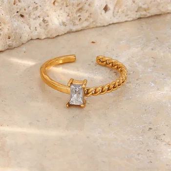 Asymmetrical Gold Plated Twist Woven Chain Open Ring Crystal Zircon Stainless Steel Ring