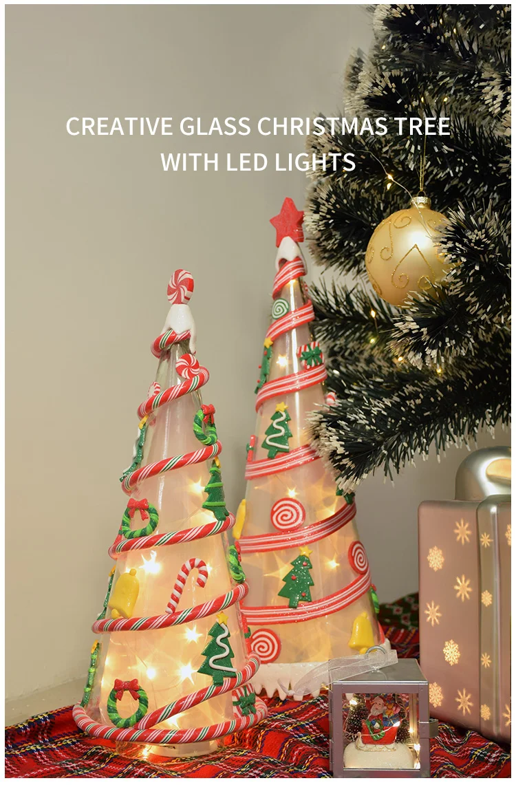 Battery Power Led High quality  Illuminated Set of 3 Glass Christmas Tree details