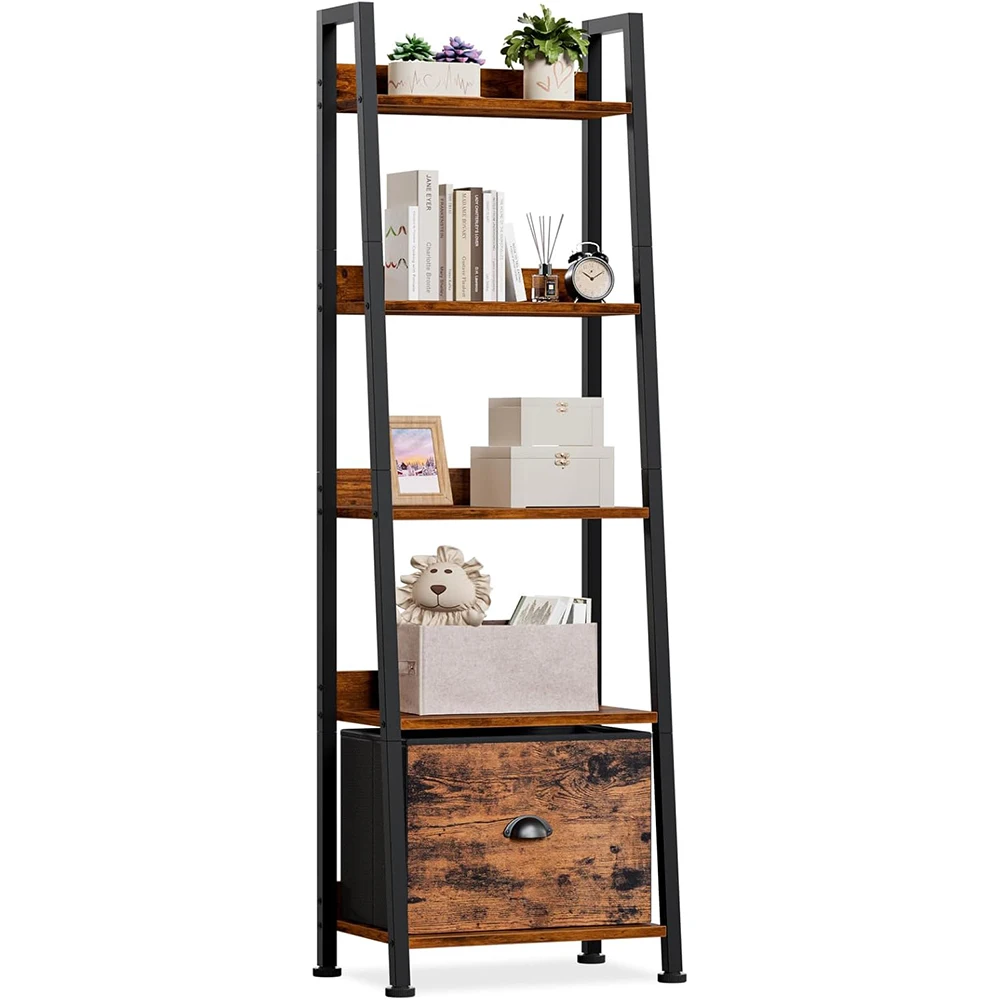 Nu-Deco MH26022 Modern 5-Tier Ladder Bookshelf Removable Drawer Wooden Metal Freestanding Storage for Living Room Home Office