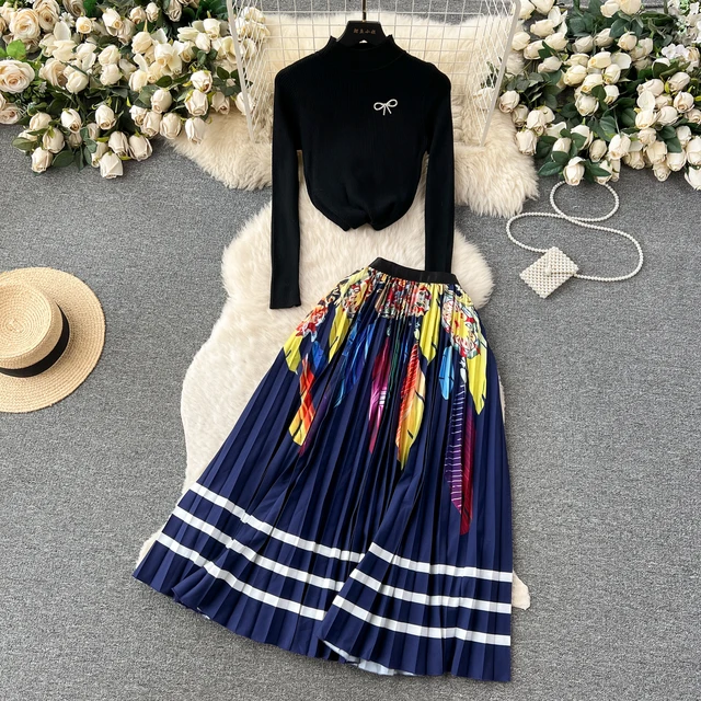 LE1815 Autumn High Quality Sweater Suits Sequined Knit Pullovers +Elastic Print Floral Midi Skirt Office Lady Two Piece Sets