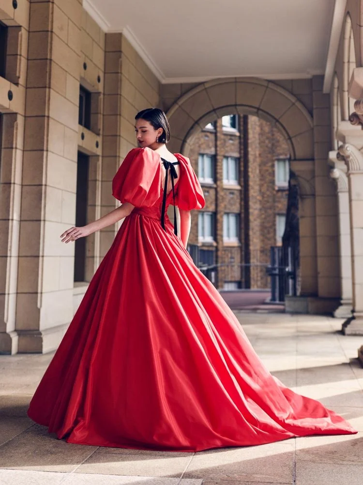 red dress fluffy Red Midi Dress, Puff Sleeve Romantic Dress, Elegant Tea Length Outfit for Date Night, Dinner, Special Moments