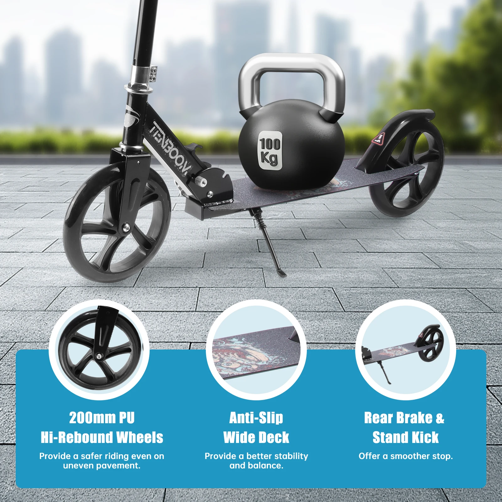 Push Scooter Foldable Adjustable Height 2 Wheels Scooter for Teens Kick Scooter