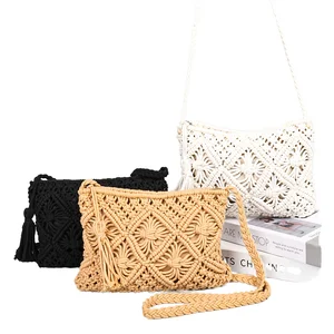 New Simple Tassel Hand Woven Bag Vintage Cotton Macrame Wallet Purse Shoulder Bag Handmade Woven Tassel Cross-body Bag