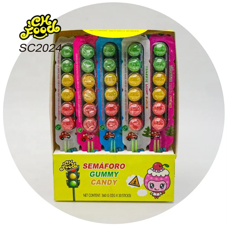 Wholesale and OEM Custom Individual Label Traffic Safety Lights Shape Candy Toy Sugar Coated Fruit Flavor Gummy Candy Ball Kids