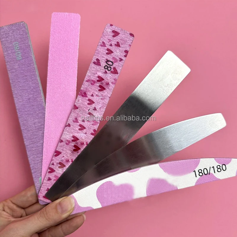 Customize 80/80 Grit Strong Sandpaper Washable Pink Sanding Nails File Block Half Moon Lime Nail