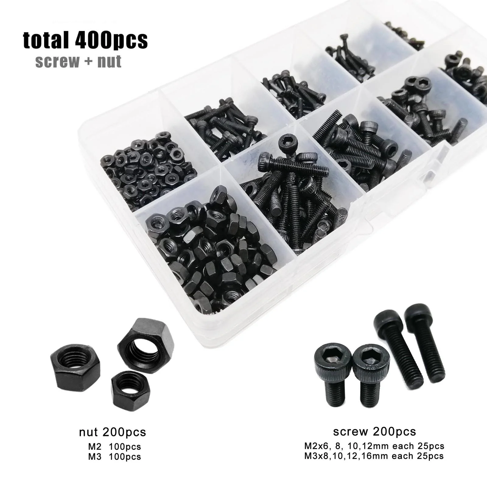 400pcs/box M2 M3 Black Grade 12.9 Steel Din912 Screw Nut Set Assortment ...