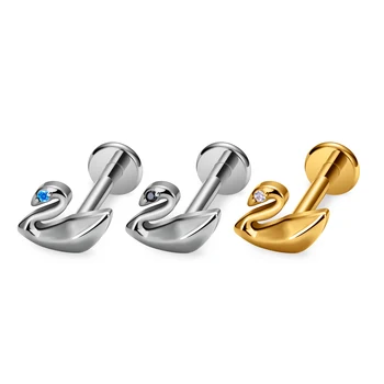 ASTM F136 Titanium 16G Swan Shaped Labret Lip Piercing Ear Studs Flat Back Zircon Earrings Nose Tragus Helix Lobe Jewelry