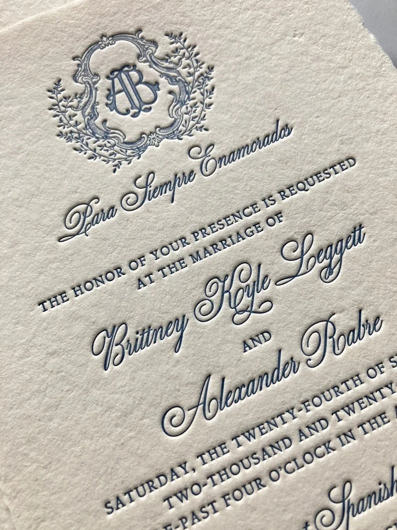 Custom Handmade Luxury Texture Classic Embossed Paper Letterpress Wedding Invitations Card With Initials