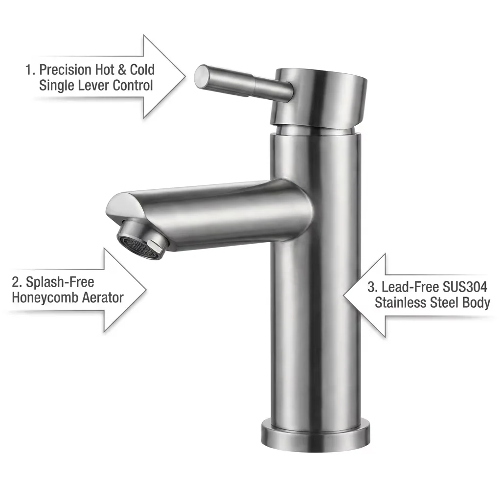 Single Hole Wash Basin Tap Material Detail Close-up of SUS304 stainless steel basin faucet detail