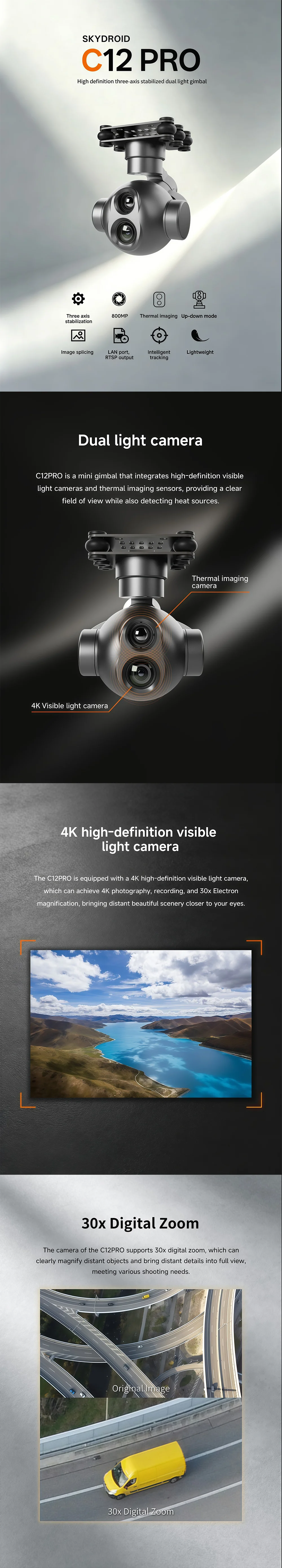 Skydroid C12 Pro 4K Dual Light Thermal Camera with 30X Zoom and AI Tracking mounted on UAV inspection drone.