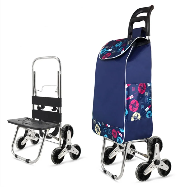 Color : Blue LBY Shopping Cart Climbing Stairs Folding Luggage Cart Trolley Car with Chairs Portable Shopping Cart Trolley Cart Shopping Trolley