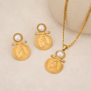 Queen Crown Necklace Fashion Jewelry Pearl Coin Portrait Pendant Necklace Drop Earrings for Women