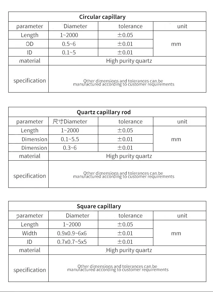Customized Micro Quartz Glass Reaction Square Tube Capillary Quartz