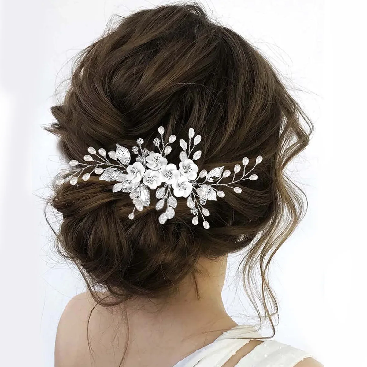 Manna Handmade White Flowers Pearl Hair Side Comb Clay 