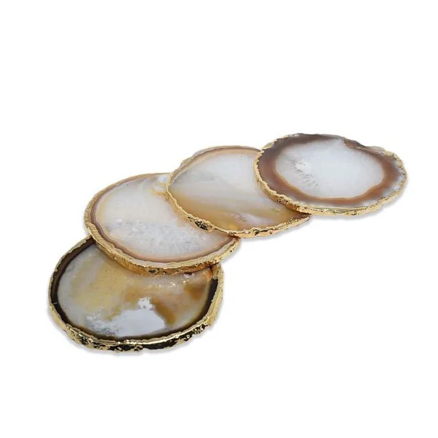 Gold Plated Polished Agate Geode Natural Coaster Stone Agate Slices Home Decor 