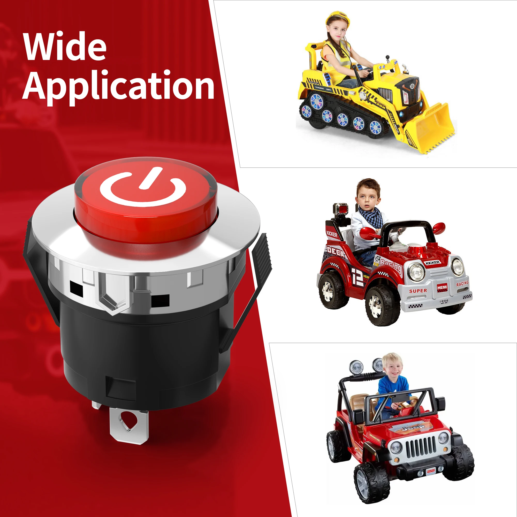 28MM 4Pin Red LED Lighted ON-OFF Push Button Switch the Power Switch Button Start Switch Accessory for Kids Powered Ride