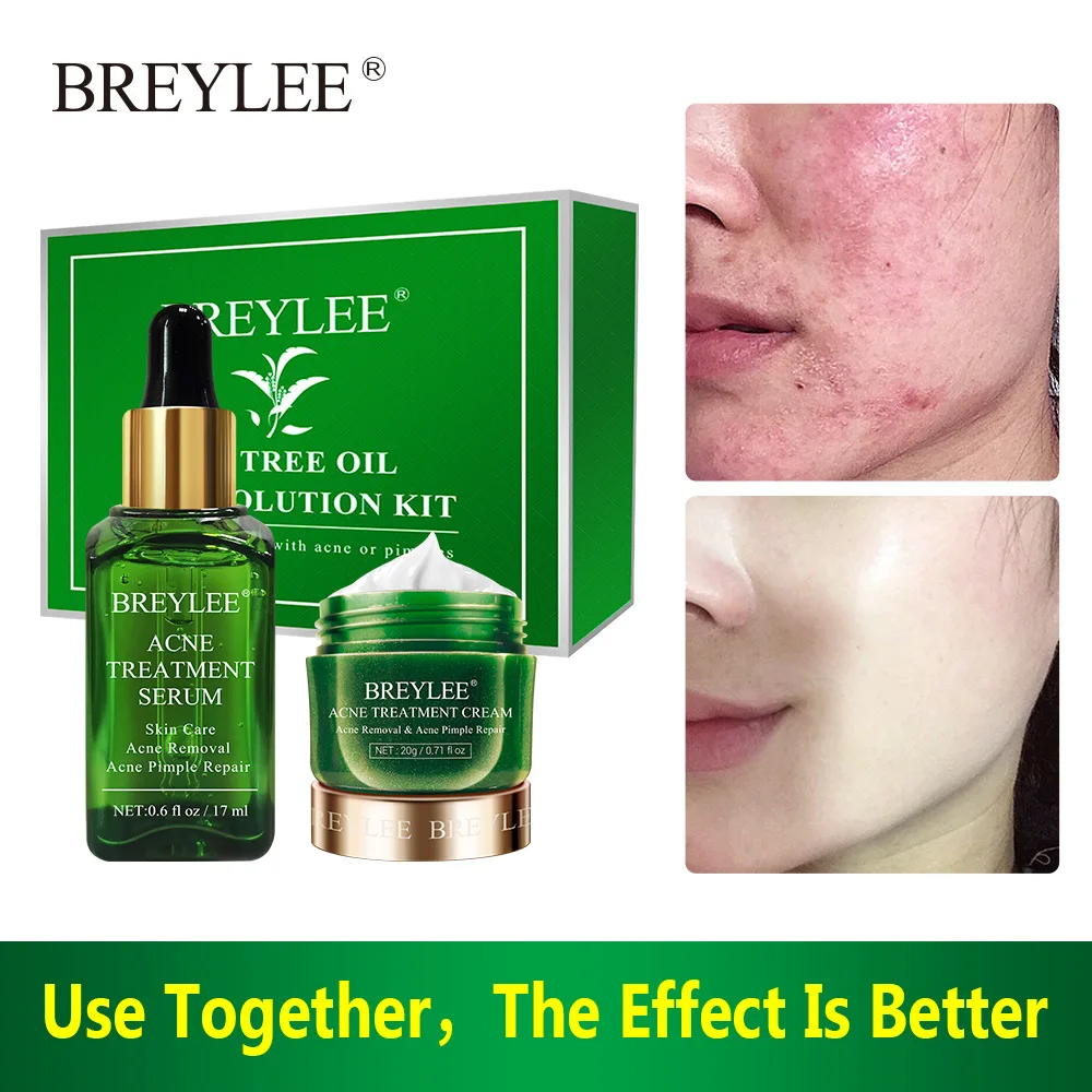 BREYLEE Tea Tree Oil Acne Solution Kit Acne Removal Serum Acne Pimple Repair Cream Moisturize Shrink Pores Face Skin Care Set