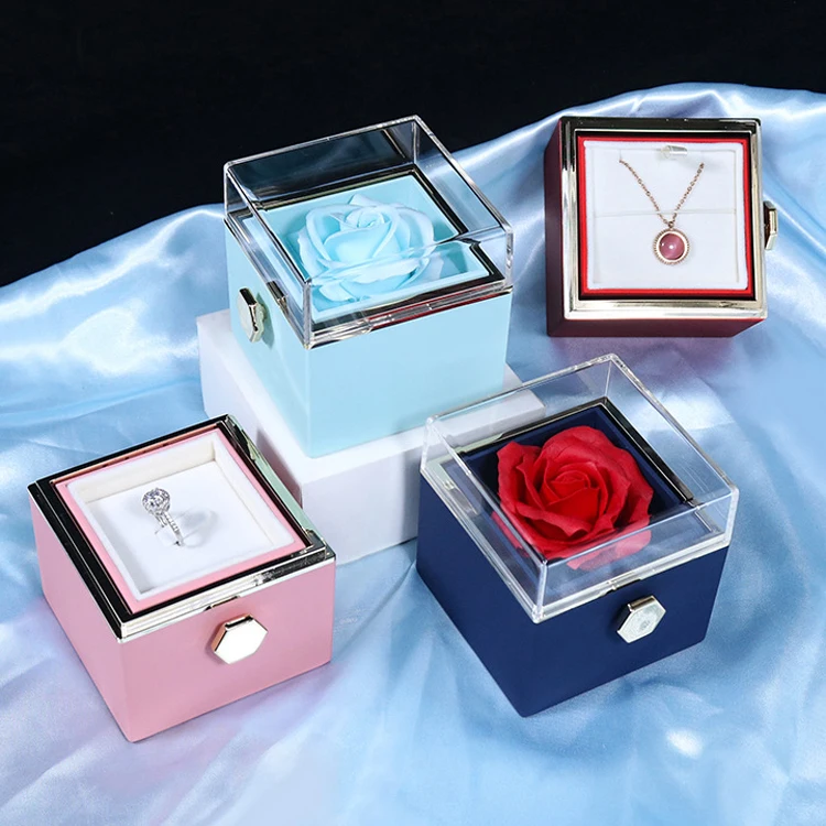 Valentines day gift 2023 premium exquisite rose flower jewelry rotating rose box