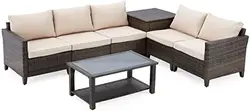7 Pieces Sectional PE Rattan Sofa Outdoor Patio Furniture Set with Glass Table Cushions and Pillows Patio Sofa garden daybed