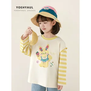 YOEHYAUL C3245 Raglan Sleeves Fake Two Pieces Baby Girl Shirt Crew Neck Customized Kids Shirt Kids