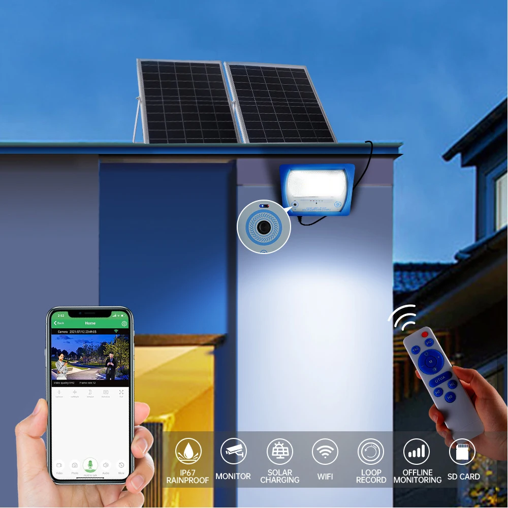 Smart Flood Light with HD Camera 100W300W Solar Powered WiFi IP67 Waterproof Motion Sensor Security Lighting