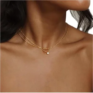 Dainty 14K Gold Plated Long Lariat Necklace for Women Simple Gold CZ Diamond Chains Main Stone Pearl Jewelry Made of Brass