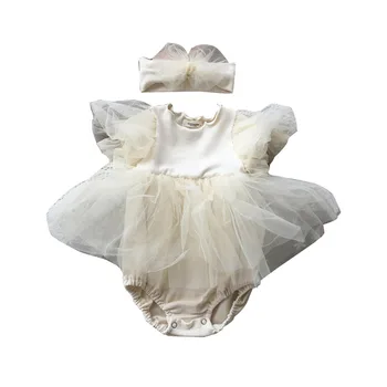2025 Ins Korean Style New Summer Casual Baby Rompers Girl Crawler Suit Baggy Fluffy Mesh Skirt Button Closure Jumpsuit