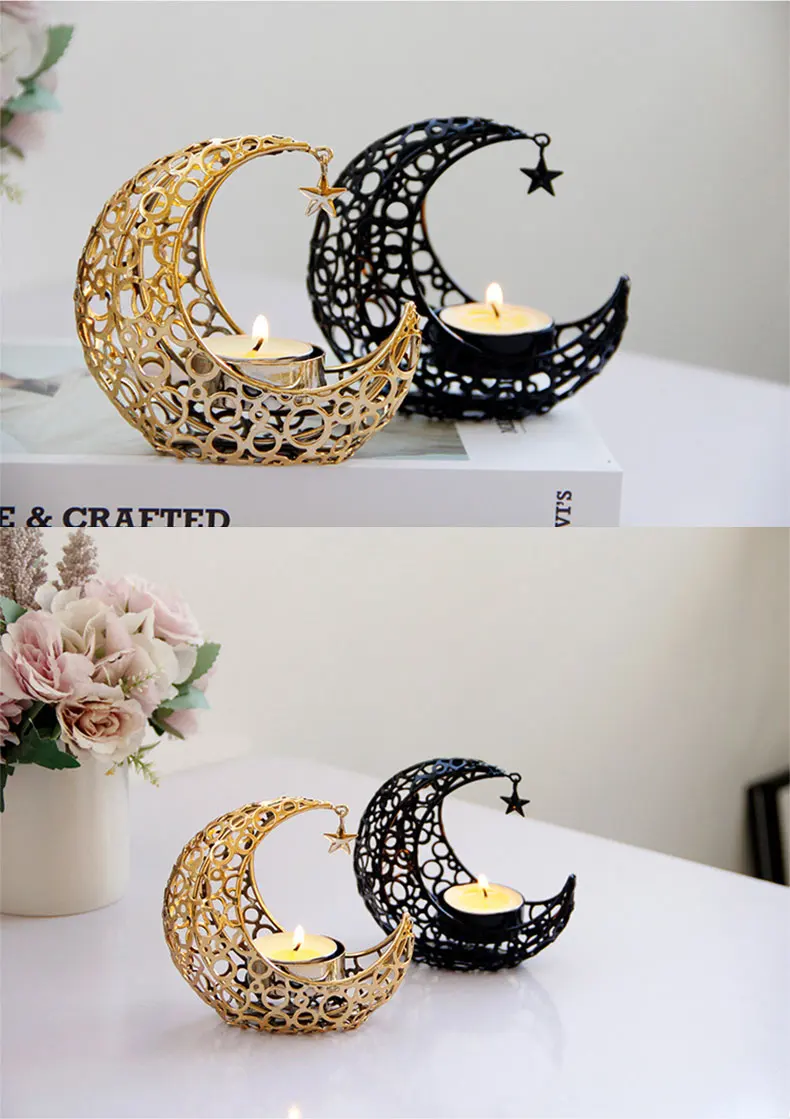 Redeco Wholesale Luxury Moon Star Candle Holder Black Golden Candle 