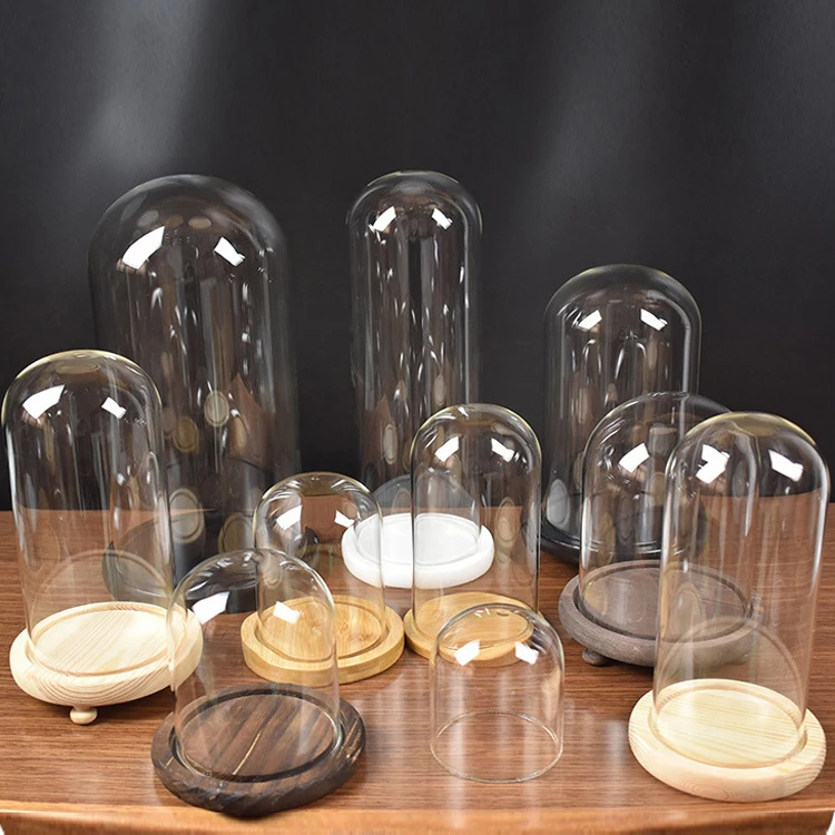 Cloche In Vetro Trasparente Con Base In Legno Antico, Per Fiori Eterni E Micro-paesaggi Decorativi, Antipolvere