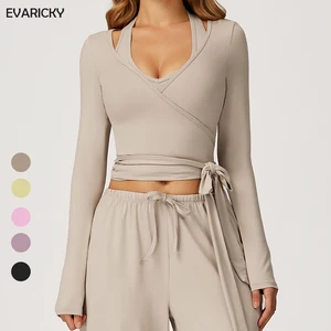 Custom Logo Breathable Fashion One-piece Long Sleeve Bandage Gym Crop Top Women Running Pilates Fitness Wear Regular Fit