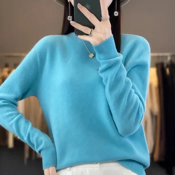 Women's Casual Pullover Sweater with Half High Collar and Loose Bottom New Solid Color Top Knitted Femme Sweater