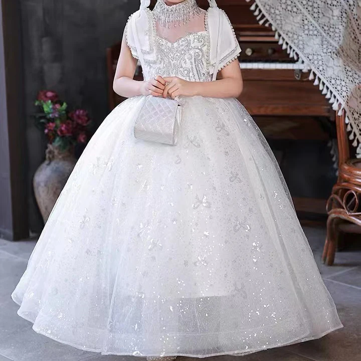 Custom Made Children Sequin Turtle Neck Tulle Kids Beaded Flower Girls  White Satin Aline Lace Fabric Body Hug Maid Wedding Dress