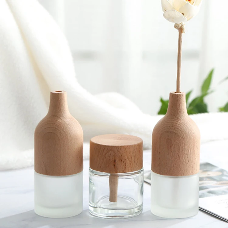 High Quality Custom 100ml Glass Frosted Reed Diffuser Bottle with Wooden Lid