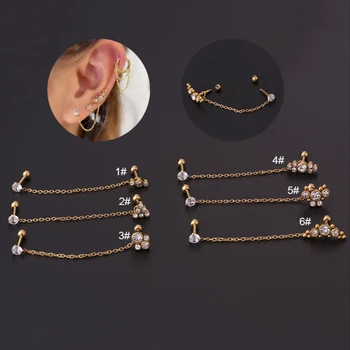 New design ear piercing detachable chain earring unique hypoallergenic stainless steel double piercing zircon stud earring