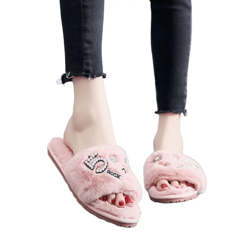 Women's Cozy Faux Fur Slides Slippers White Pearl Letter K Rhinestone  Designer Fur Sandals Flip Flops Flats Custom Shoes - AliExpress